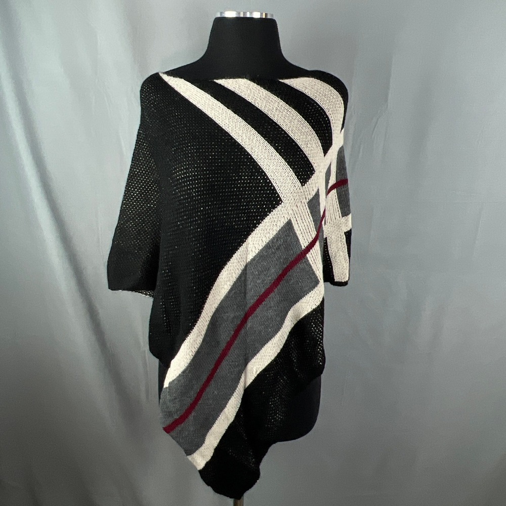 Womens Poncho Sweater Multicolor Plaid Tight Knit Modern Minimalist Warm Winter
